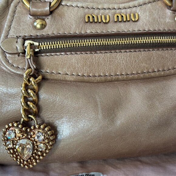 Vintage Miu Miu Distressed Leather Handbag with Swarovski Crystal Charm - Rare R - Picture 8 of 10